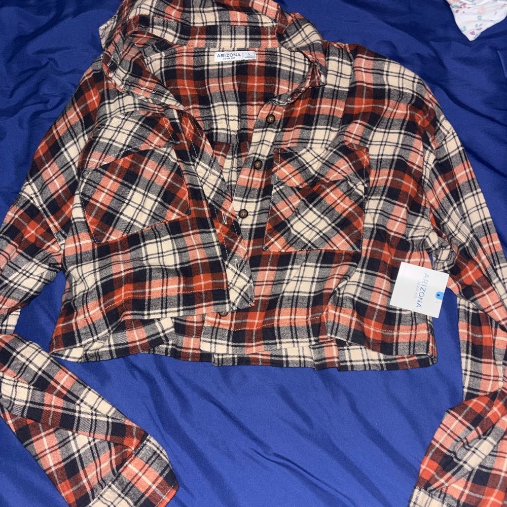 Arizona Red, Black and Cream Cropped Plaid Button Shirt